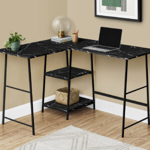 Computer Desk, Home Office, Corner, Storage Shelves, 48"L, L Shape, Work, Laptop, Black Marble Look Laminate, Black Metal, Contemporary, Modern