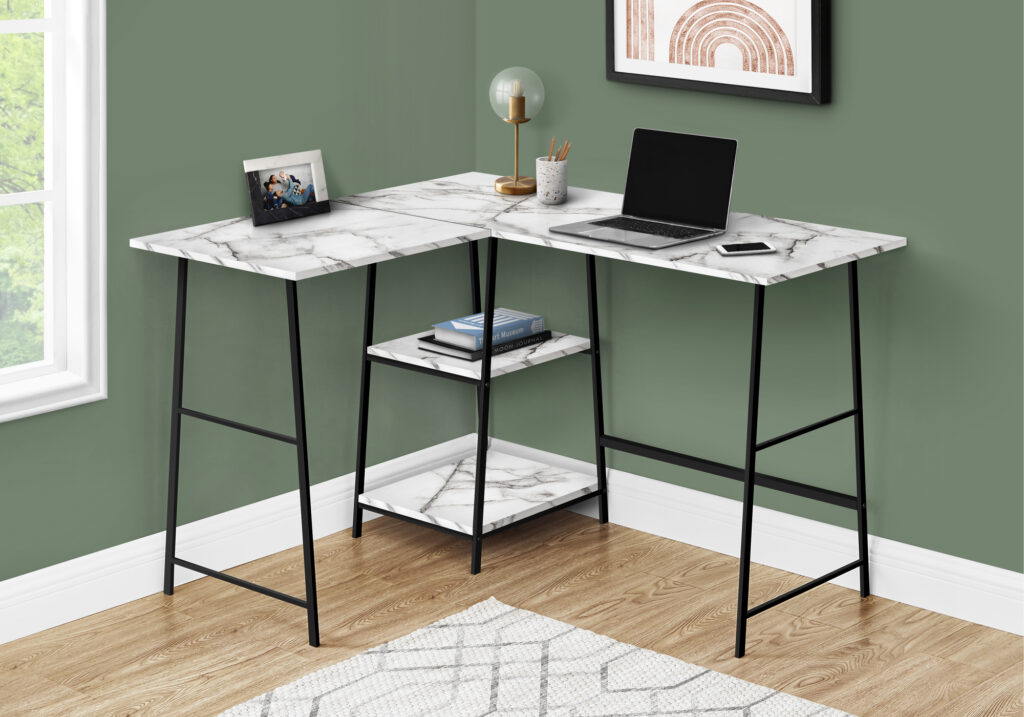 Computer Desk, Home Office, Corner, Storage Shelves, 48″L, L Shape, Work, Laptop, White Marble Look Laminate, Black Metal, Contemporary, Modern
