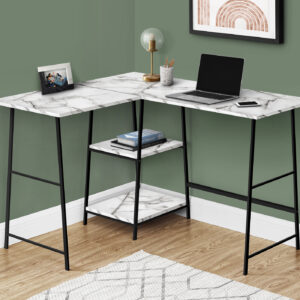 Computer Desk, Home Office, Corner, Storage Shelves, 48"L, L Shape, Work, Laptop, White Marble Look Laminate, Black Metal, Contemporary, Modern