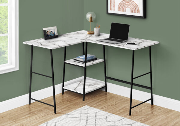 Computer Desk, Home Office, Corner, Storage Shelves, 48″L, L Shape, Work, Laptop, White Marble Look Laminate, Black Metal, Contemporary, Modern