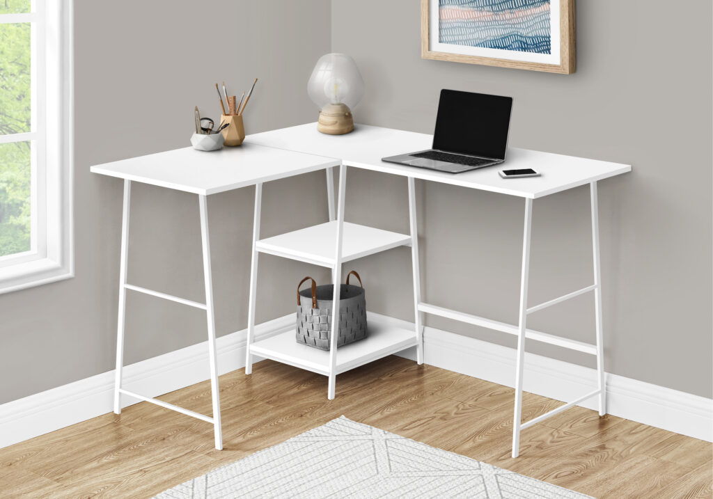 Computer Desk, Home Office, Corner, Storage Shelves, 48″L, L Shape, Work, Laptop, White Laminate, White Metal, Contemporary, Modern