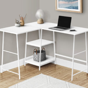 Computer Desk, Home Office, Corner, Storage Shelves, 48"L, L Shape, Work, Laptop, White Laminate, White Metal, Contemporary, Modern