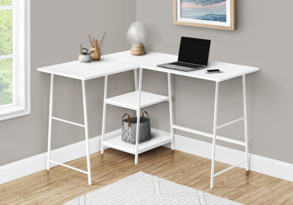 Computer Desk, Home Office, Corner, Storage Shelves, 48″L, L Shape, Work, Laptop, White Laminate, White Metal, Contemporary, Modern