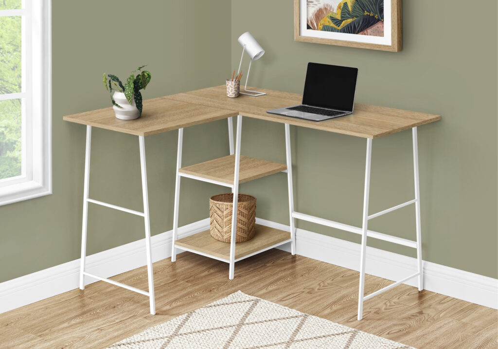 Computer Desk, Home Office, Corner, Storage Shelves, 48″L, L Shape, Work, Laptop, Natural Laminate, White Metal, Contemporary, Modern