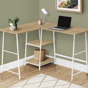 Computer Desk, Home Office, Corner, Storage Shelves, 48"L, L Shape, Work, Laptop, Natural Laminate, White Metal, Contemporary, Modern
