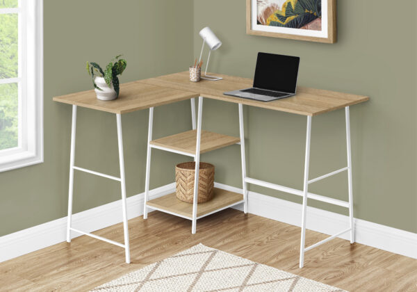 Computer Desk, Home Office, Corner, Storage Shelves, 48″L, L Shape, Work, Laptop, Natural Laminate, White Metal, Contemporary, Modern