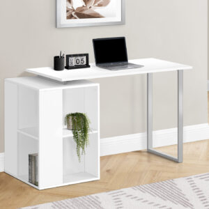 Computer Desk, Home Office, Left, Right Set-up, Storage Shelves, 55"L, Work, Laptop, White Laminate, Grey Metal, Contemporary, Modern