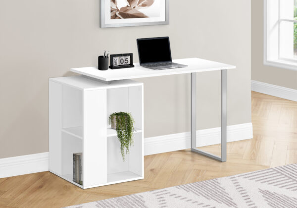 Computer Desk, Home Office, Left, Right Set-up, Storage Shelves, 55″L, Work, Laptop, White Laminate, Grey Metal, Contemporary, Modern