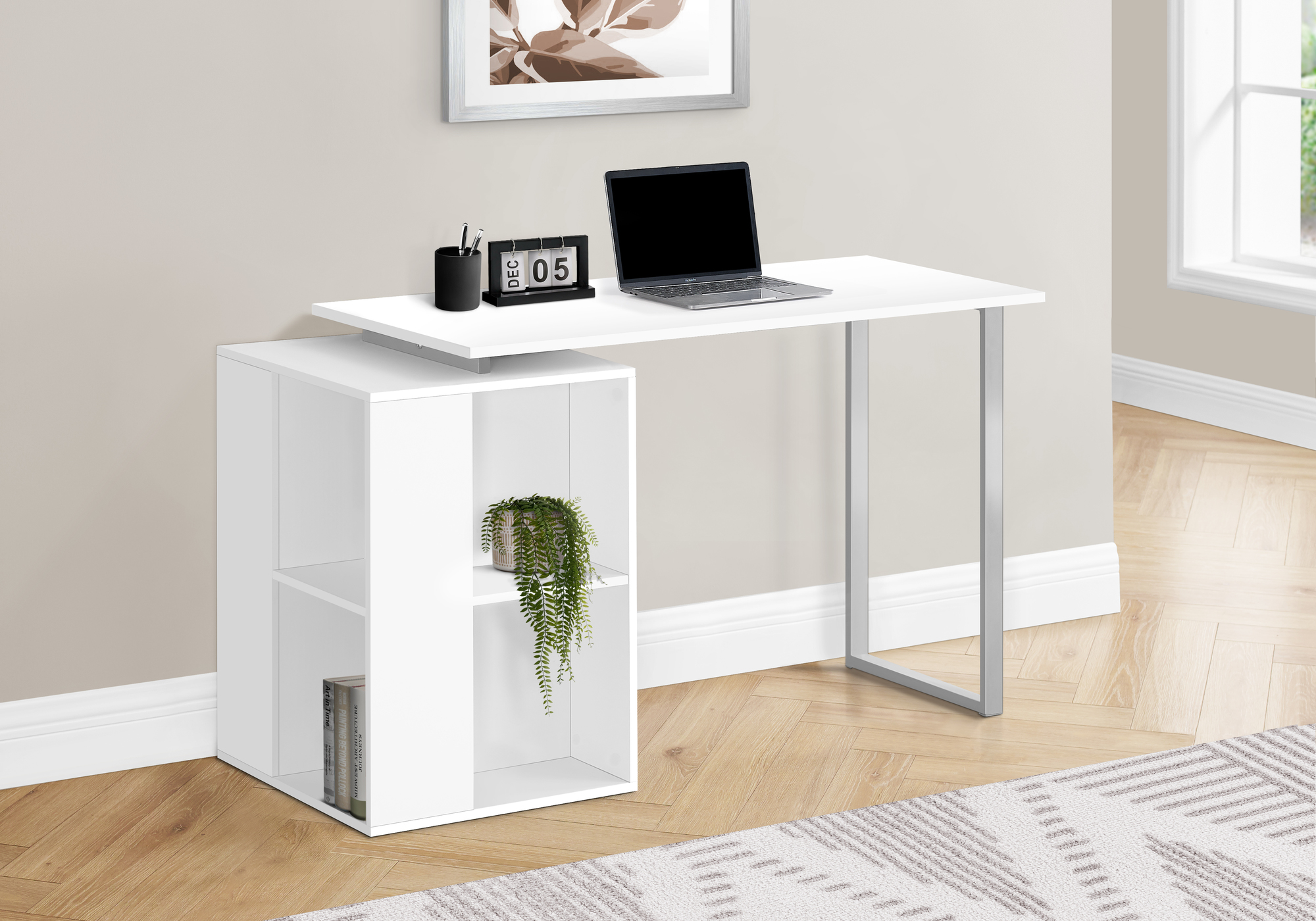 Computer Desk, Home Office, Left, Right Set-up, Storage Shelves, 55″L, Work, Laptop, White Laminate, Grey Metal, Contemporary, Modern