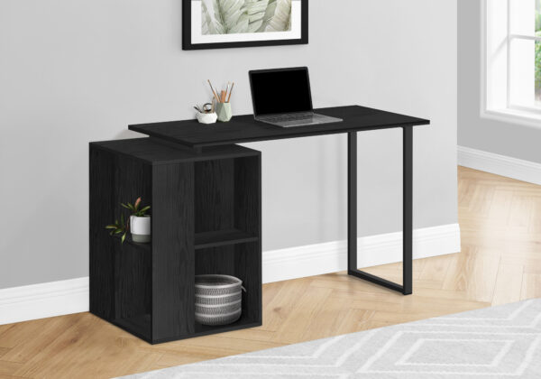 Computer Desk, Home Office, Left, Right Set-up, Storage Shelves, 55″L, Work, Laptop, Black Laminate, Black Metal, Contemporary, Modern