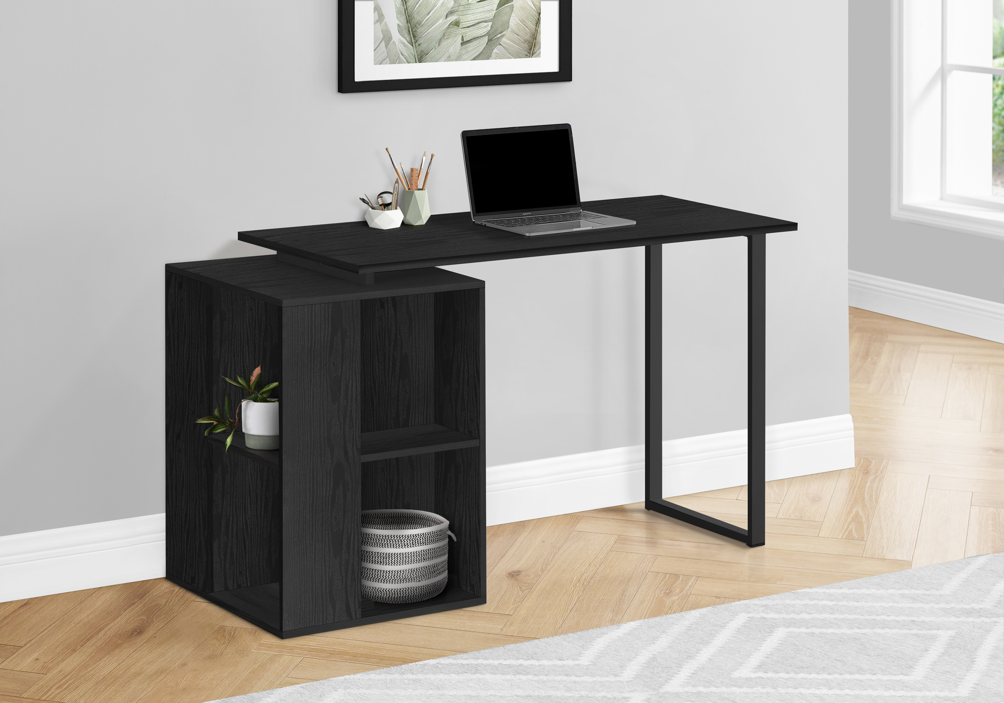 Computer Desk, Home Office, Left, Right Set-up, Storage Shelves, 55″L, Work, Laptop, Black Laminate, Black Metal, Contemporary, Modern
