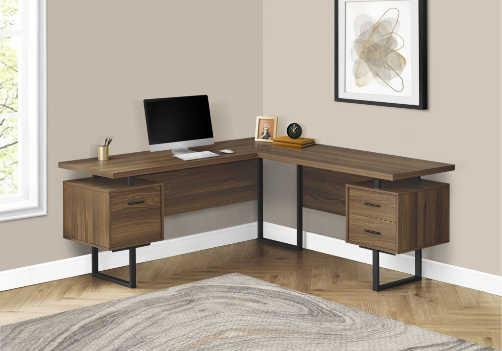 Computer Desk, Home Office, Corner, Left, Right Set-up, Storage Drawers, 70″L, L Shape, Work, Laptop, Walnut Laminate, Black Metal, Contemporary, Modern