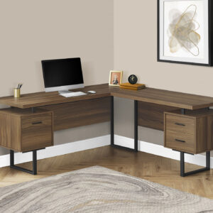 Computer Desk, Home Office, Corner, Left, Right Set-up, Storage Drawers, 70"L, L Shape, Work, Laptop, Walnut Laminate, Black Metal, Contemporary, Modern