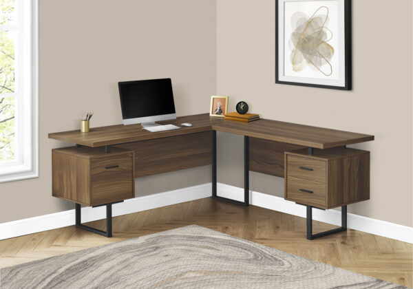 Computer Desk, Home Office, Corner, Left, Right Set-up, Storage Drawers, 70″L, L Shape, Work, Laptop, Walnut Laminate, Black Metal, Contemporary, Modern