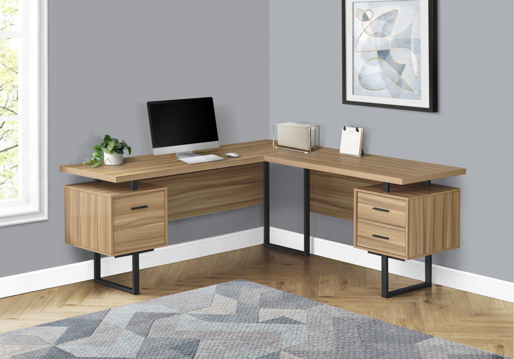 Computer Desk, Home Office, Corner, Left, Right Set-up, Storage Drawers, 70″L, L Shape, Work, Laptop, Brown Laminate, Black Metal, Contemporary, Modern