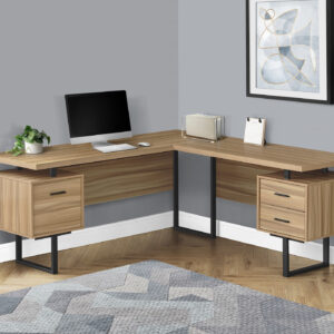 Computer Desk, Home Office, Corner, Left, Right Set-up, Storage Drawers, 70"L, L Shape, Work, Laptop, Brown Laminate, Black Metal, Contemporary, Modern