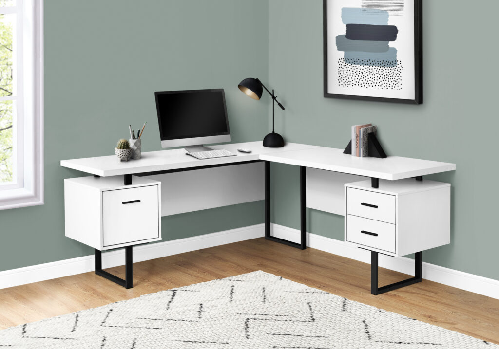 Computer Desk, Home Office, Corner, Left, Right Set-up, Storage Drawers, 70″L, L Shape, Work, Laptop, White Laminate, Black Metal, Contemporary, Modern