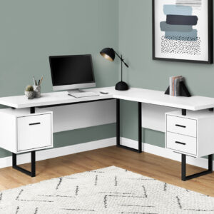 Computer Desk, Home Office, Corner, Left, Right Set-up, Storage Drawers, 70"L, L Shape, Work, Laptop, White Laminate, Black Metal, Contemporary, Modern