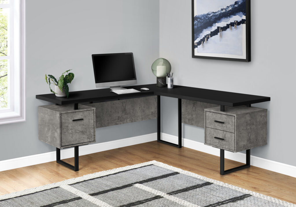 Computer Desk, Home Office, Corner, Left, Right Set-up, Storage Drawers, 70″L, L Shape, Work, Laptop, Grey And Black Laminate, Black Metal, Contemporary, Modern