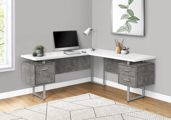 Computer Desk, Home Office, Corner, Left, Right Set-up, Storage Drawers, 70″L, L Shape, Work, Laptop, Grey And White Laminate, White Metal, Contemporary, Modern