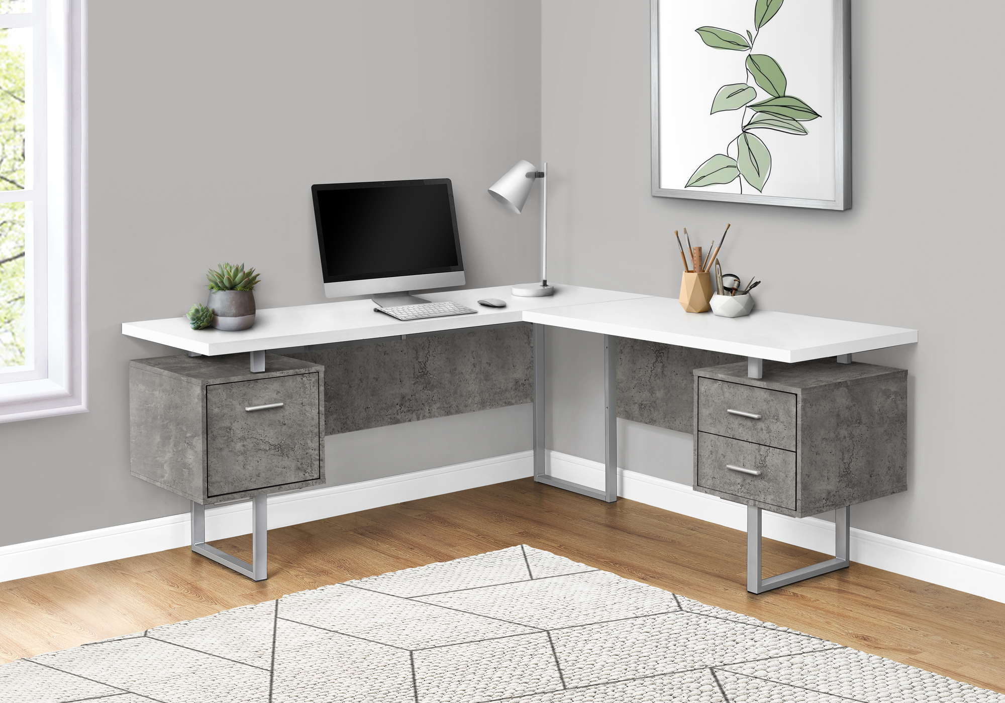 Computer Desk, Home Office, Corner, Left, Right Set-up, Storage Drawers, 70″L, L Shape, Work, Laptop, Grey And White Laminate, White Metal, Contemporary, Modern
