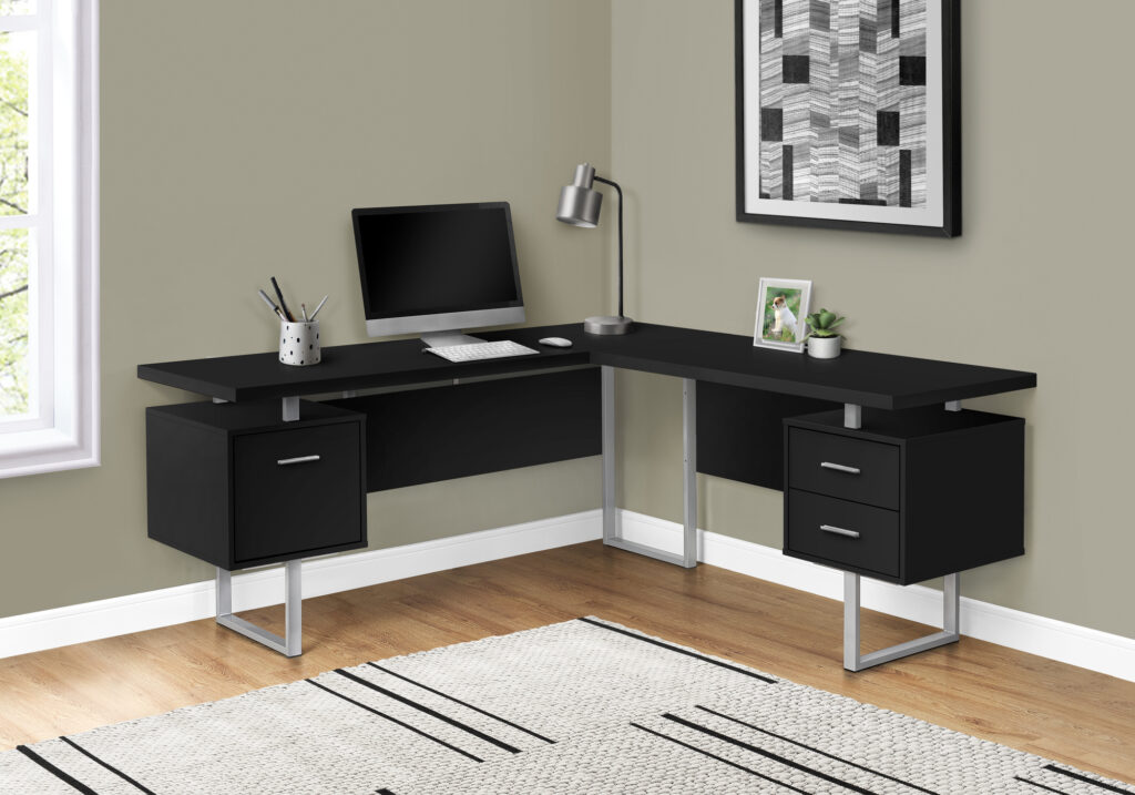 Computer Desk, Home Office, Corner, Left, Right Set-up, Storage Drawers, 70″L, L Shape, Work, Laptop, Black Laminate, Grey Metal, Contemporary, Modern