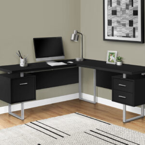 Computer Desk, Home Office, Corner, Left, Right Set-up, Storage Drawers, 70"L, L Shape, Work, Laptop, Black Laminate, Grey Metal, Contemporary, Modern
