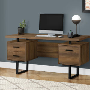Computer Desk, Home Office, Laptop, Left, Right Set-up, Storage Drawers, 60"L, Work, Walnut Laminate, Black Metal, Contemporary, Modern