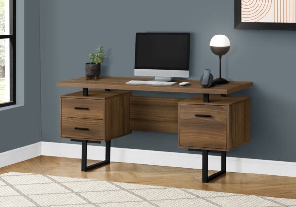 Computer Desk, Home Office, Laptop, Left, Right Set-up, Storage Drawers, 60″L, Work, Walnut Laminate, Black Metal, Contemporary, Modern