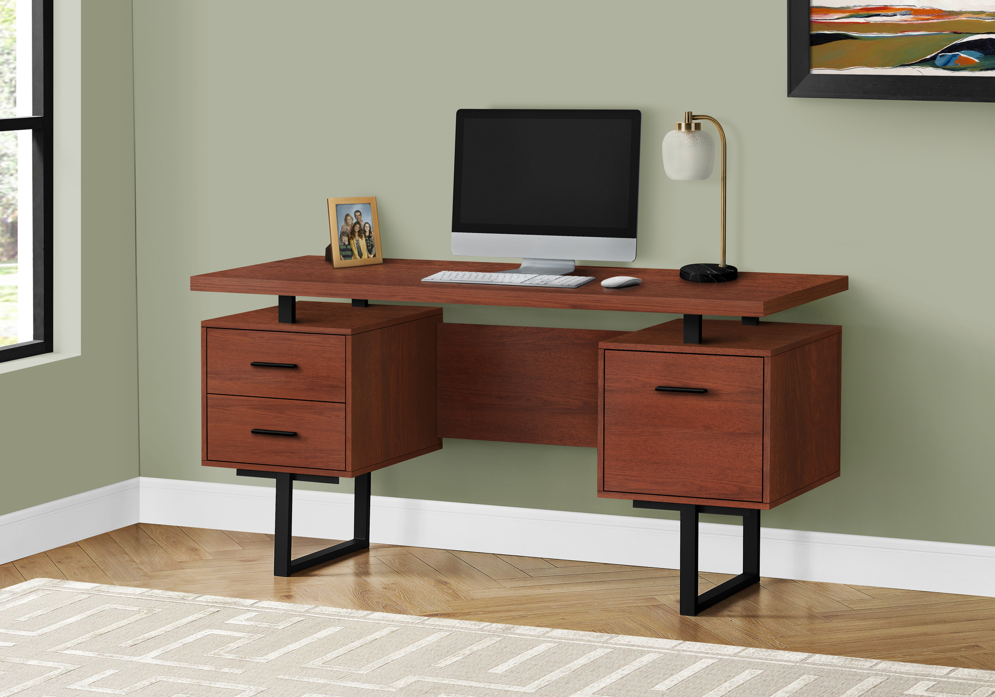 Computer Desk, Home Office, Laptop, Left, Right Set-up, Storage Drawers, 60″L, Work, Brown Laminate, Black Metal, Contemporary, Modern