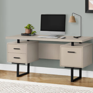 Computer Desk, Home Office, Laptop, Left, Right Set-up, Storage Drawers, 60"L, Work, Beige Laminate, Black Metal, Contemporary, Modern