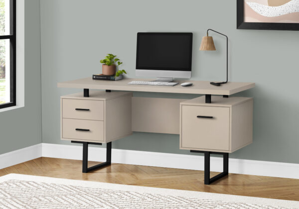 Computer Desk, Home Office, Laptop, Left, Right Set-up, Storage Drawers, 60″L, Work, Beige Laminate, Black Metal, Contemporary, Modern