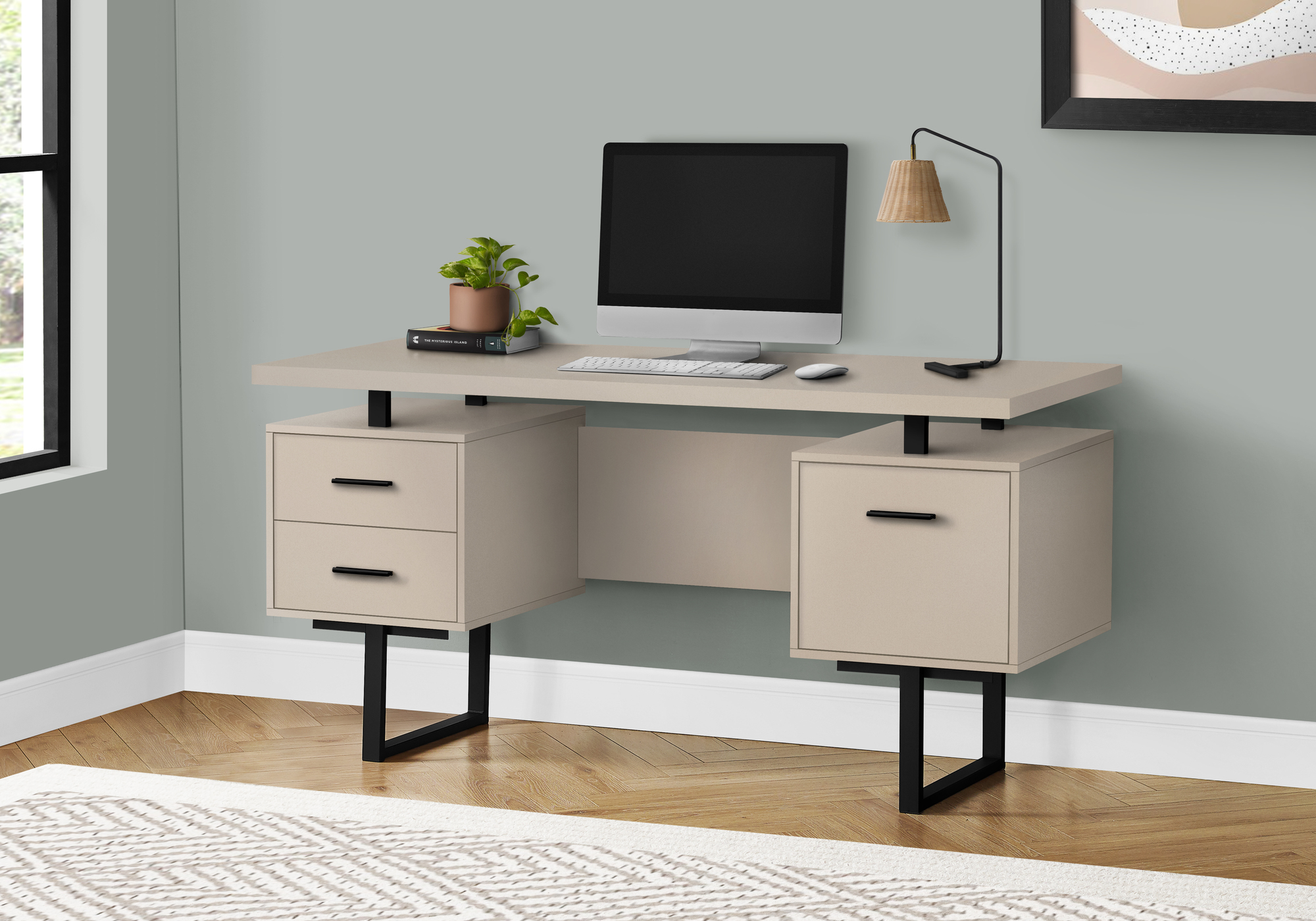 Computer Desk, Home Office, Laptop, Left, Right Set-up, Storage Drawers, 60″L, Work, Beige Laminate, Black Metal, Contemporary, Modern