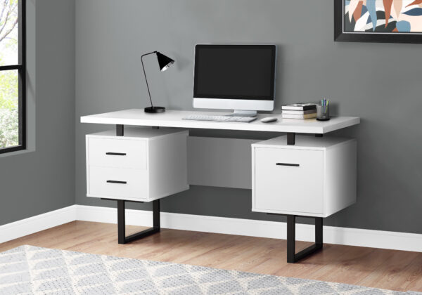 Computer Desk, Home Office, Laptop, Left, Right Set-up, Storage Drawers, 60″L, Work, White Laminate, Black Metal, Contemporary, Modern