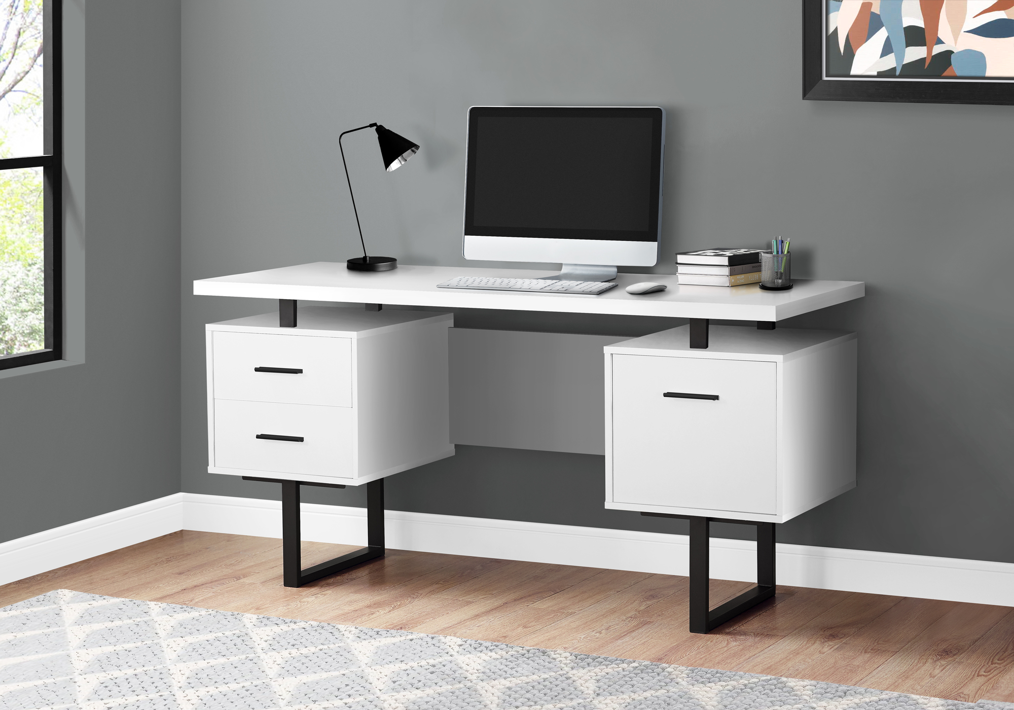 Computer Desk, Home Office, Laptop, Left, Right Set-up, Storage Drawers, 60″L, Work, White Laminate, Black Metal, Contemporary, Modern