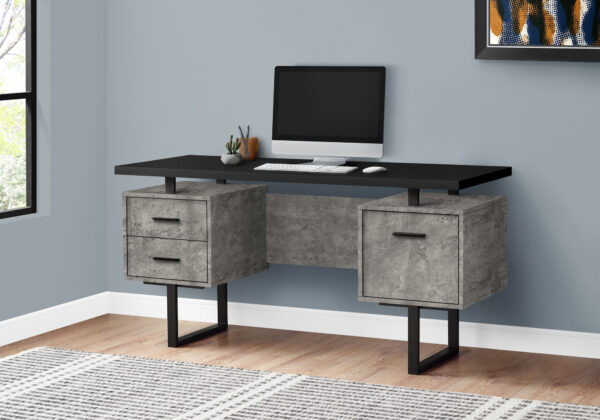 Computer Desk, Home Office, Laptop, Left, Right Set-up, Storage Drawers, 60″L, Work, Black And Grey Concrete Laminate, Black Metal, Contemporary, Modern