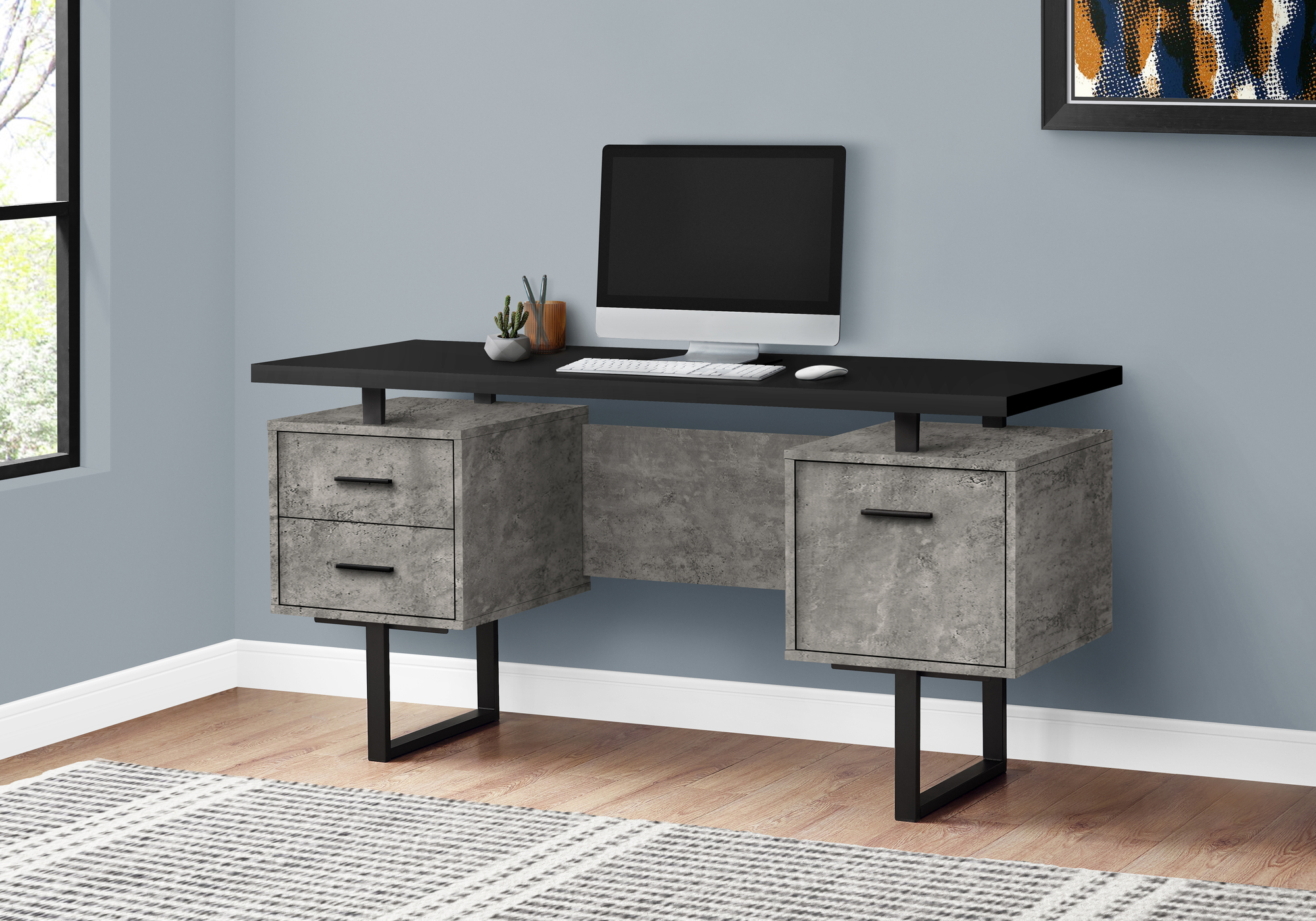 Computer Desk, Home Office, Laptop, Left, Right Set-up, Storage Drawers, 60″L, Work, Black And Grey Concrete Laminate, Black Metal, Contemporary, Modern