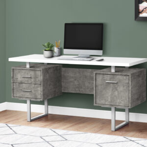 Computer Desk, Home Office, Laptop, Left, Right Set-up, Storage Drawers, 60"L, Work, White And Grey Concrete Laminate, Grey Metal, Contemporary, Modern