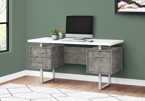 Computer Desk, Home Office, Laptop, Left, Right Set-up, Storage Drawers, 60″L, Work, White And Grey Concrete Laminate, Grey Metal, Contemporary, Modern