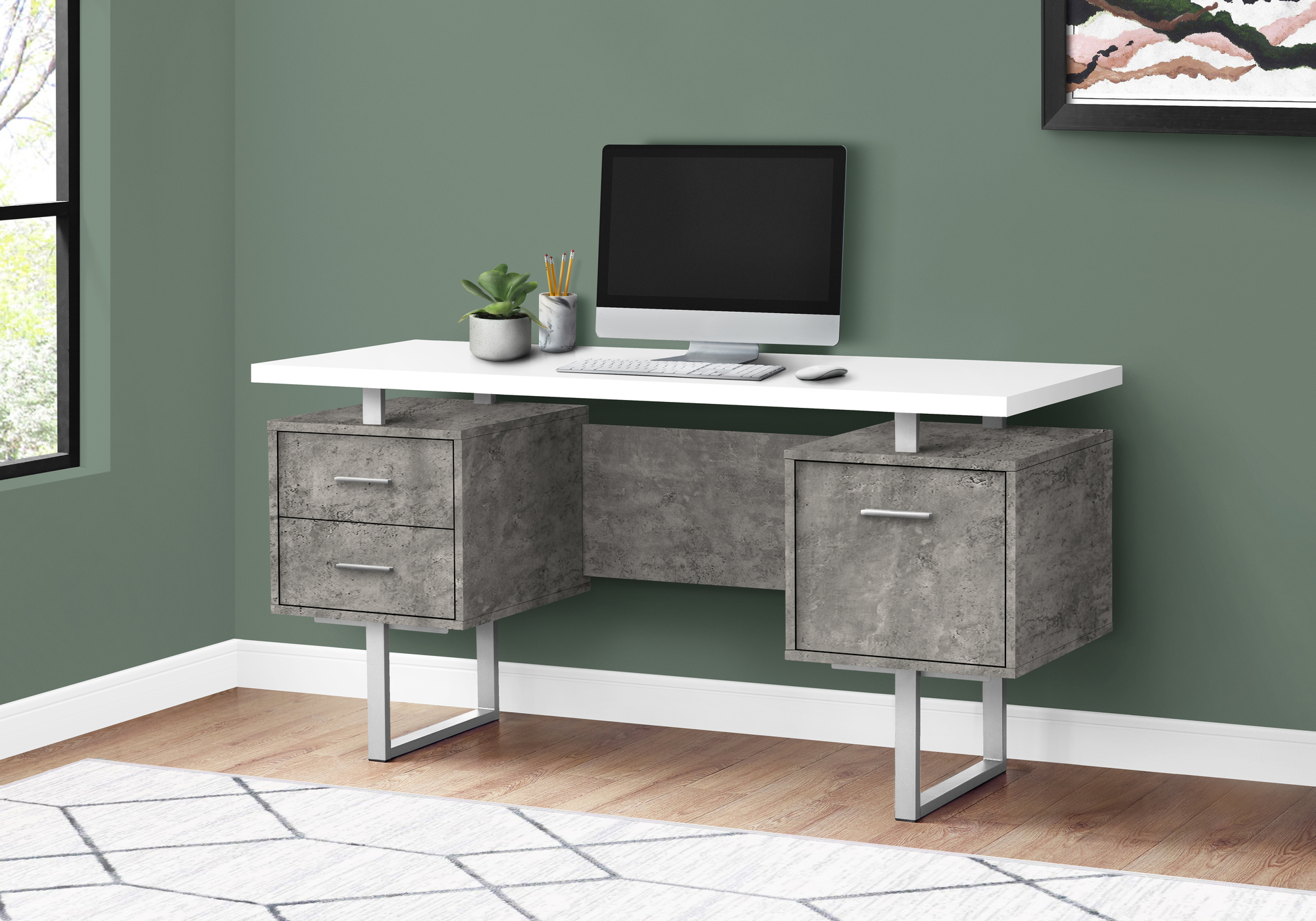Computer Desk, Home Office, Laptop, Left, Right Set-up, Storage Drawers, 60″L, Work, White And Grey Concrete Laminate, Grey Metal, Contemporary, Modern