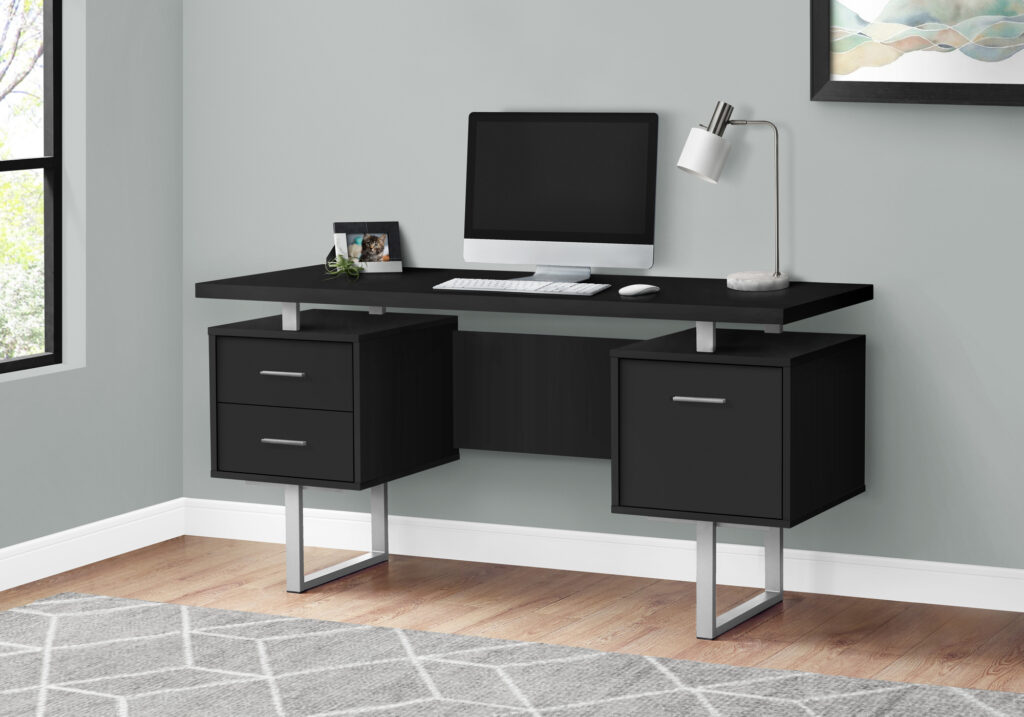 Computer Desk, Home Office, Laptop, Left, Right Set-up, Storage Drawers, 60″L, Work, Black Laminate, Grey Metal, Contemporary, Modern