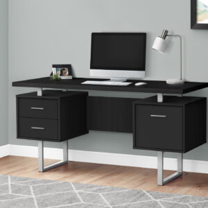 Computer Desk, Home Office, Laptop, Left, Right Set-up, Storage Drawers, 60"L, Work, Black Laminate, Grey Metal, Contemporary, Modern