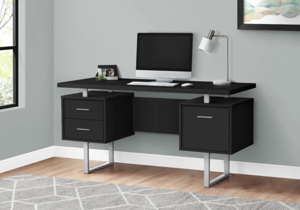 Computer Desk, Home Office, Laptop, Left, Right Set-up, Storage Drawers, 60″L, Work, Black Laminate, Grey Metal, Contemporary, Modern