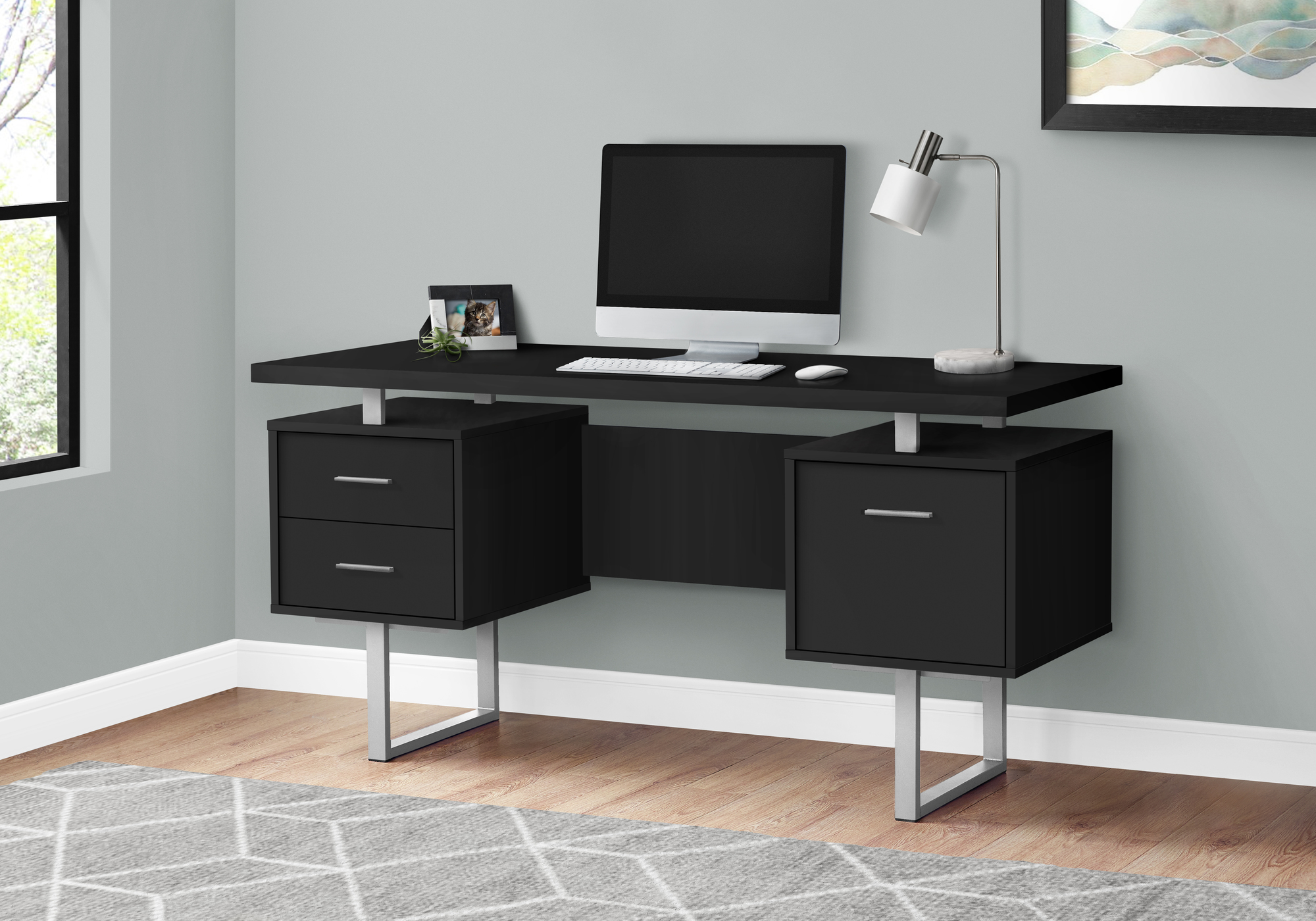 Computer Desk, Home Office, Laptop, Left, Right Set-up, Storage Drawers, 60″L, Work, Black Laminate, Grey Metal, Contemporary, Modern