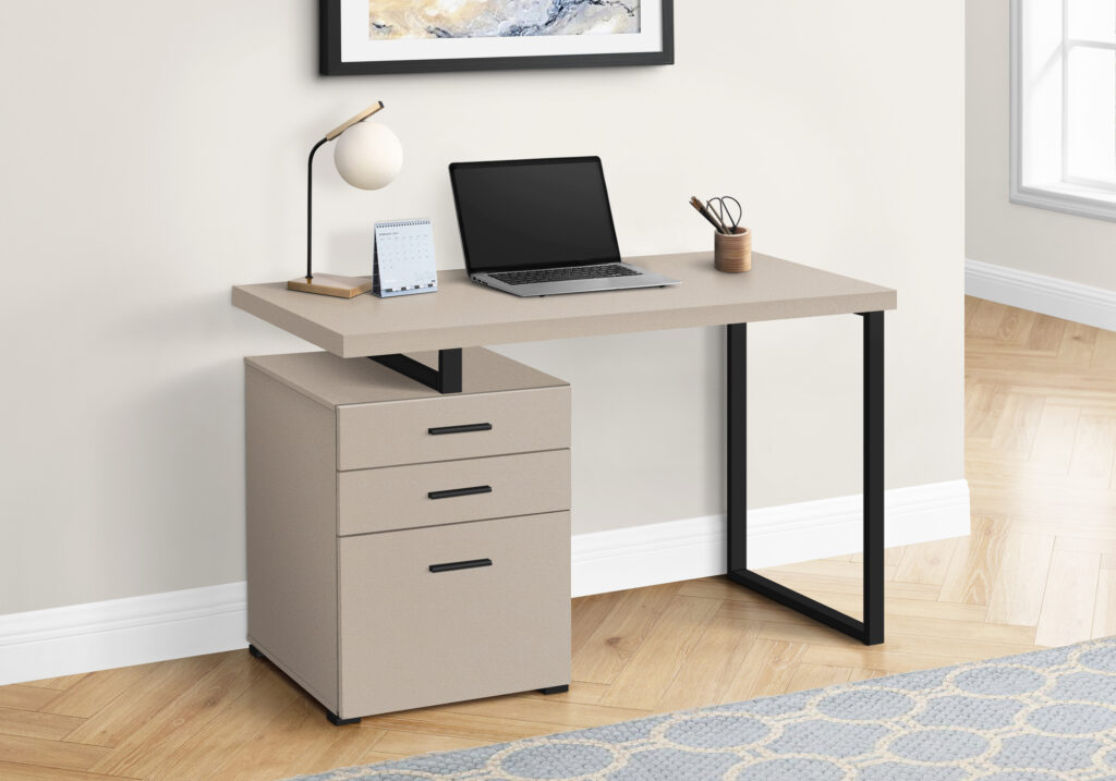Computer Desk, Home Office, Laptop, Left, Right Set-up, Storage Drawers, 48″L, Work, Beige Laminate, Black Metal, Contemporary, Modern