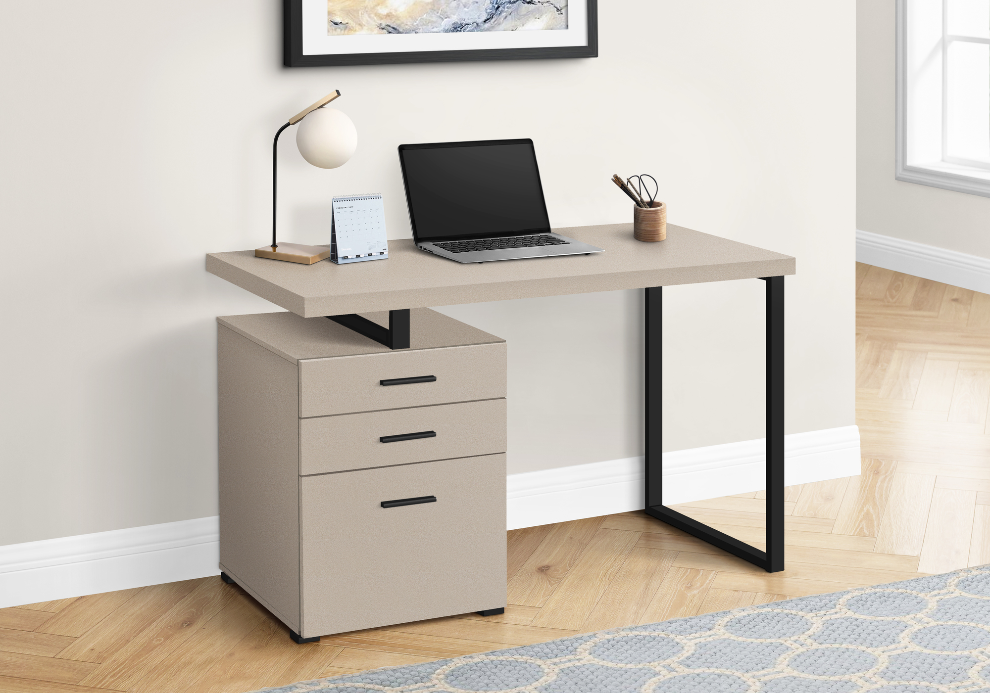 Computer Desk, Home Office, Laptop, Left, Right Set-up, Storage Drawers, 48″L, Work, Beige Laminate, Black Metal, Contemporary, Modern