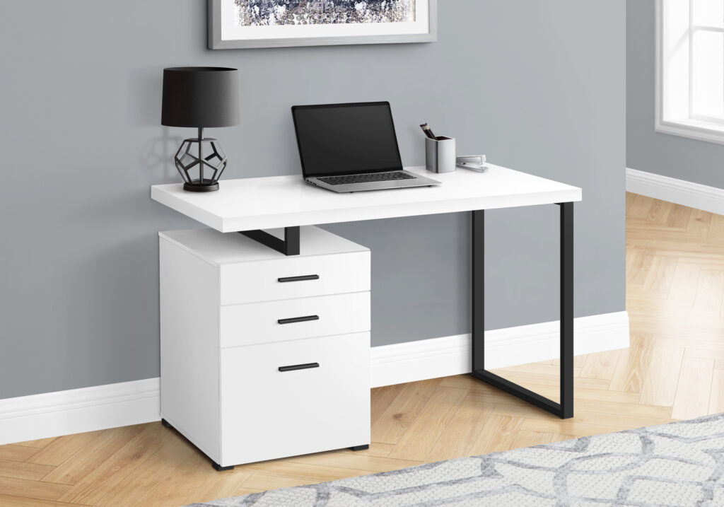Computer Desk, Home Office, Laptop, Left, Right Set-up, Storage Drawers, 48″L, Work, White Laminate, Black Metal, Contemporary, Modern