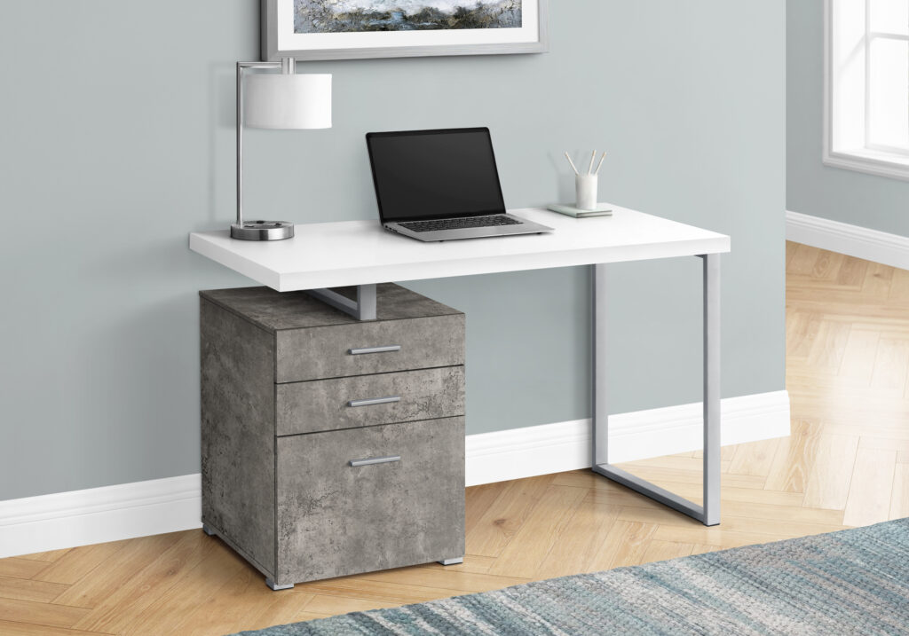 Computer Desk, Home Office, Laptop, Left, Right Set-up, Storage Drawers, 48″L, Work, White And Concrete Laminate, White Metal, Contemporary, Modern
