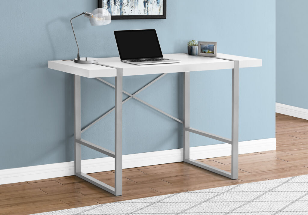 Computer Desk, Home Office, Laptop, 48″L, Work, White Laminate, Grey Metal, Contemporary, Modern