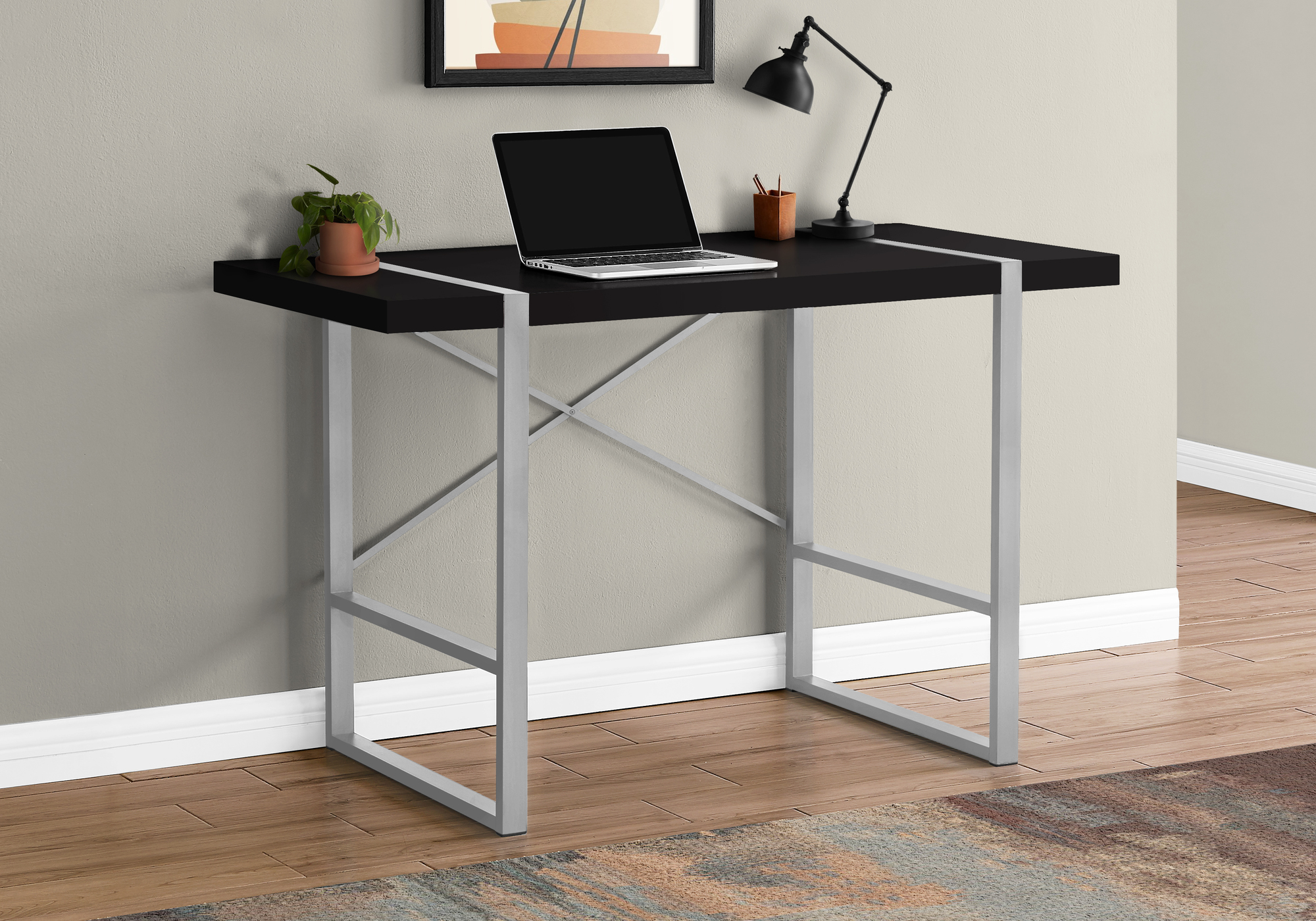 Computer Desk, Home Office, Laptop, 48″L, Work, Black Laminate, Grey Metal, Contemporary, Modern